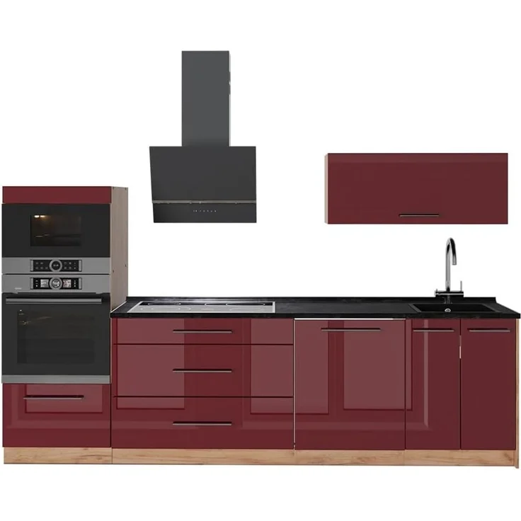 Küchenzeile Fame-Line Bordeaux Hochglanz/Goldkraft Eiche 280 cm, AP Anthrazit Vicco – Bild 1