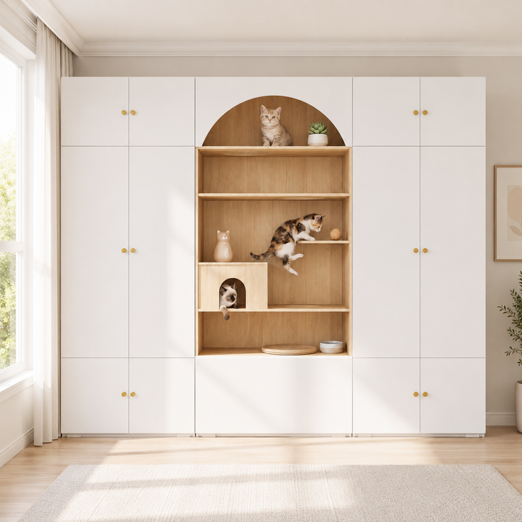 Wohnora-Kleiderschrank, Garderoben-Set Garderobe, Haustierschrank, 270 x 50 x 200 cm, mit 1 Kleiderstange, Katzenkletterwand und Haustierkissen, für Schlafzimmer, Wohnzimmer und Flur, Weiß+Holzoptik,H 200cm x T 270cm x B 50cm