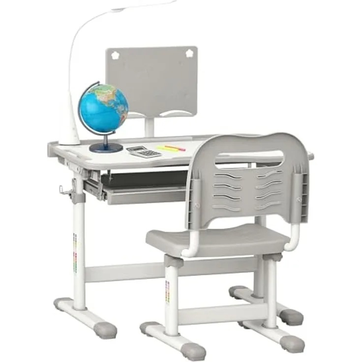 HOMCOM Kinderstuhl und Schreibtisch Set mit LED Lampe, Höhenverstellbar, Studientisch und Stuhl für Kinder, geneigte Tablett, Leseständer, Stiftebox, Schublade und Getränkehalter, Grau