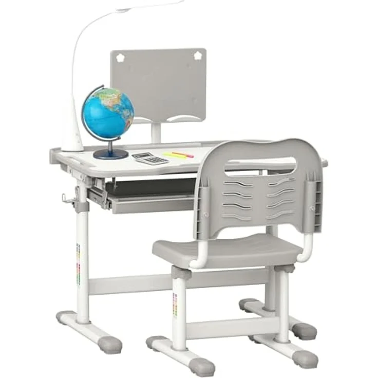 HOMCOM Kinderstuhl und Schreibtisch Set mit LED Lampe, Höhenverstellbar, Studientisch und Stuhl für Kinder, geneigte Tablett, Leseständer, Stiftebox, Schublade und Getränkehalter, Grau – Bild 1