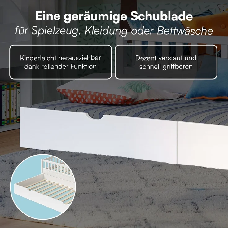 Bellabino 'Vils' Kinderbett 90x200 cm mit Gästebett 90x190 cm, weiß, Kiefer Massivholz, Montessori Bett mit Ausziehbett, mit abnehmbarem Rausfallschutz und Lattenrost – Bild 5