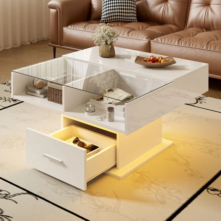 Lift-Couchtisch Weiß Hochglanz 78x78 cm höhenverstellbarer Tisch mit LED-Beleuchtung, Schublade und Ablagefach – Bild 4