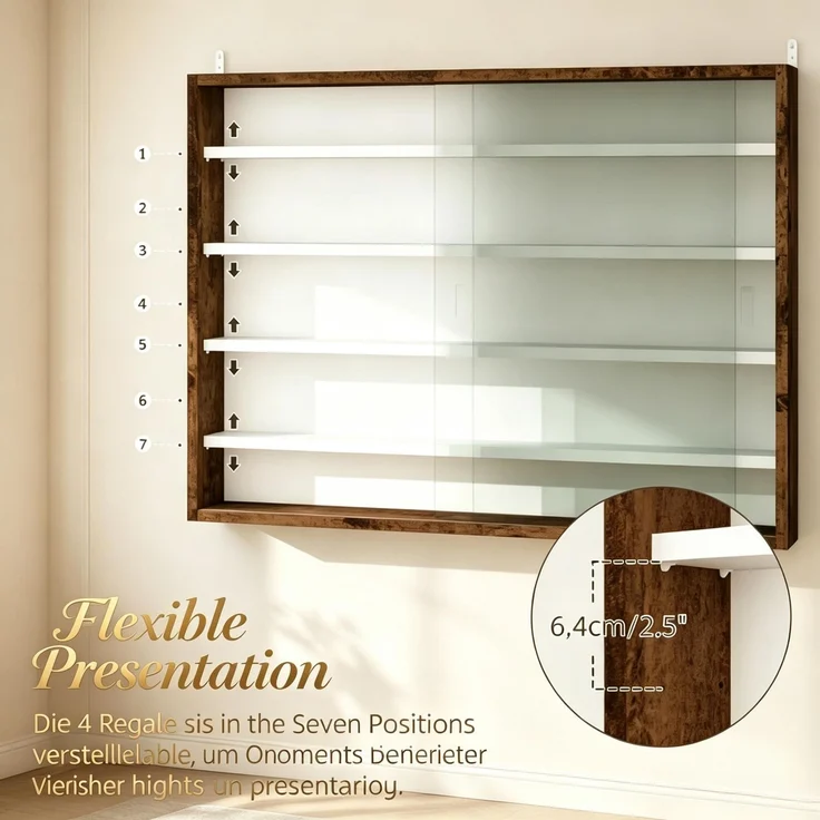 Dekorative Wandvitrine für Sammlerstücke, 5 höhenverstellbare Einlegeböden & 2 Schiebetüren(nur mit Wandbildschirm)--Braun + Weiß--80x9.5x60cm--YOUDENOVA – Bild 6