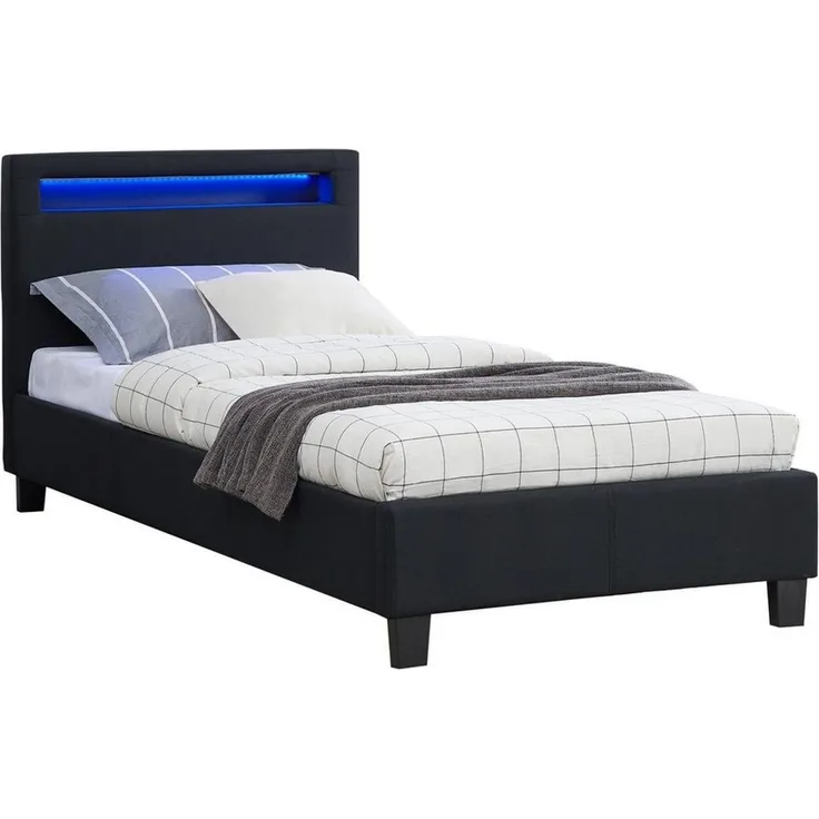 CARO-Möbel Polsterbett Himalaya mit LED Beleuchtung Einzelbett Jugendbett 90x200 cm mit Lattenrahmen, in schwarz Stoffbezug