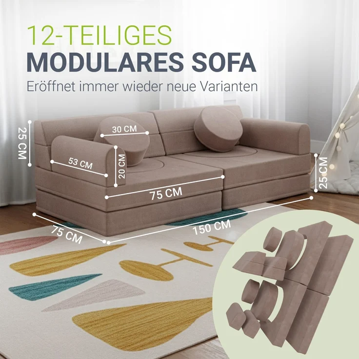 Juskys Kindersofa Kayo –Cord, modular & weich, Sofa für Kinderzimmer & Spielzimmer, sicher, flexibel, pflegeleicht, mit abnehmbaren Bezügen – Rosa – Bild 4