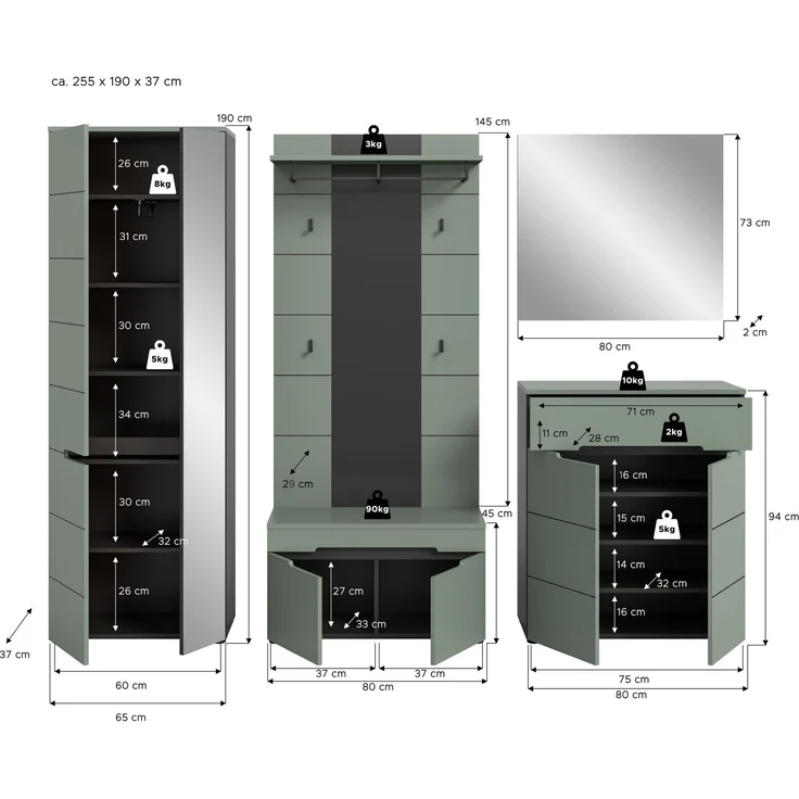 Garderobenkombination (B/H/T: 255x190x37 cm) in Smoke Green Nachbildung – Bild 4