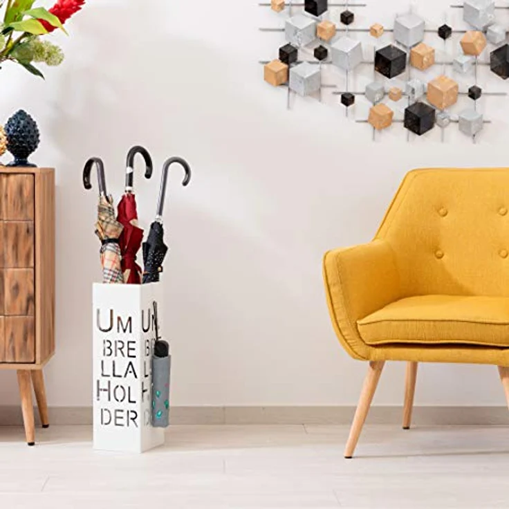 Baroni Home Schirmständer mit modernem Design aus Metall mit Umbrella Schnitzerei - weiß Schirmständer mit Haken und abnehmbarem Auffangfach für Heim- und Bürodekoration 15,5 x 15 x 49 cm – Bild 6