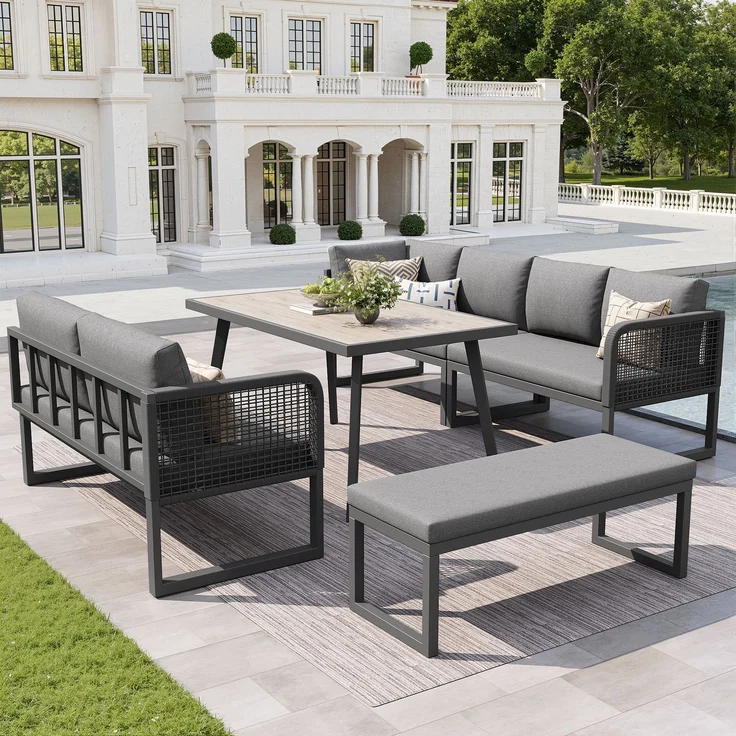 Merax Gartenmöbel Set mit Sitzkissen & Rückenkissen, Garten-Lounge-Set, Garten Loungesessel für 6-8 Personen, SetHandgeflochtene PE-Rattan Polstergruppe, Grau – Bild 2