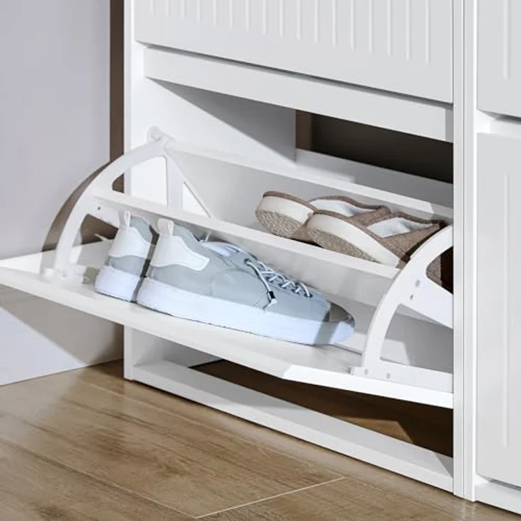SoBuy Schuhschrank, Weiß, 3 Klappfächer, verstellbare Böden, 61x120x26 cm, Schuhaufbewahrung – Bild 5