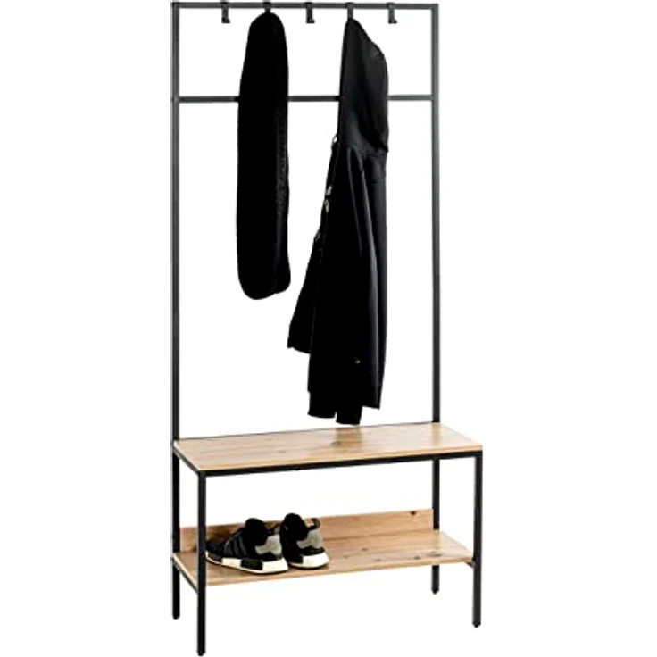 XXXL Garderobe, Schwarz und Eiche, Industrial-Design mit 5 Haken und Kleiderstange, 80x180x35 cm – Bild 6