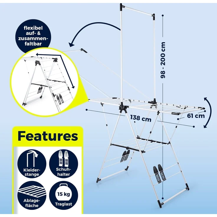 EASYmaxx Wäscheständer mit Kleiderstange 138x61x200cm schwarz/weiß klappbar – Bild 5