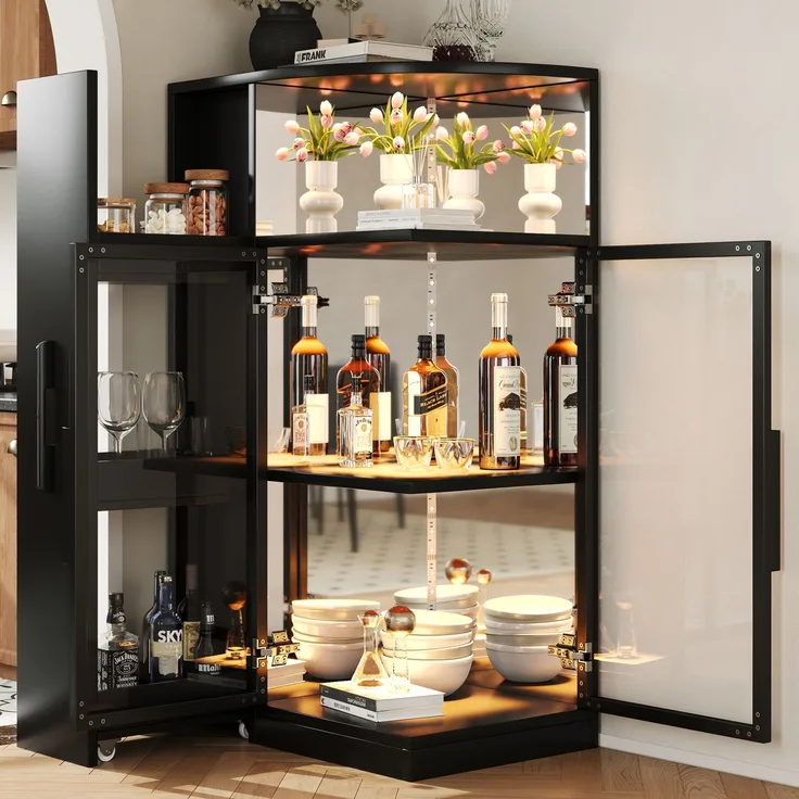 Glasvitrine 64 x 42 x 112 cm in Schwarz mit LED-Beleuchtung und ausziehbarem Seitenschrank