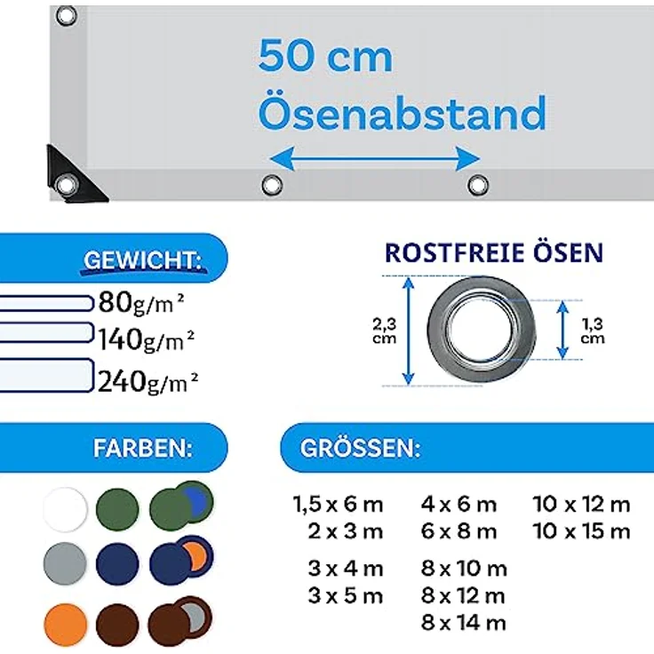 Floordirekt Abdeckplane | Gewebeplane | Schutzplane | Bootsplane | Zeltunterlage für Camping & Outdoor | Garten | wasserdichte Planemit Ösen | Viele Größen & Farben 6x8 m, 48m² 240 g/m², Weiß – Bild 4