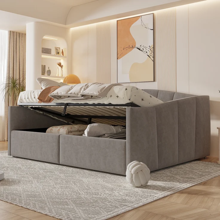 Polsterbett-Sofabett mit hydraulischem Stauraum, Lattenrost und Armlehnen, klassisches Streifendesign, vielseitiges Doppelbett, Samtstoff, 140×200 cm – Bild 2