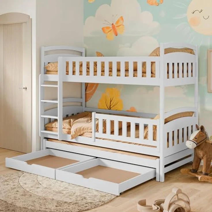 Kids Collective Hochbett mit Ausziehbett, zwei Schubladen, Lattenrost & Rausfallschutz, umbaubar in drei Einzelbetten, Kieferholz weiß, 90x200 cm – Bild 4