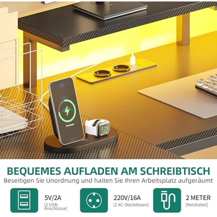 YITAHOME Gaming Tisch mit Steckdosen & LED-Lichter, Computer Schreibtisch mit Schubladen & Stauraum, Reversibler Eckschreibtisch mit Regalen, Computertisch für Home Office, 158 x 100 cm, Schwarz – Bild 4