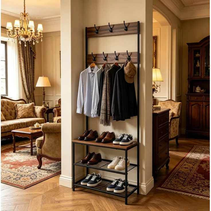 Garderobenständer mit Schuhbank & 7 Doppelhaken, 60x30x170 cm, dunkle Holzoptik – Bild 3