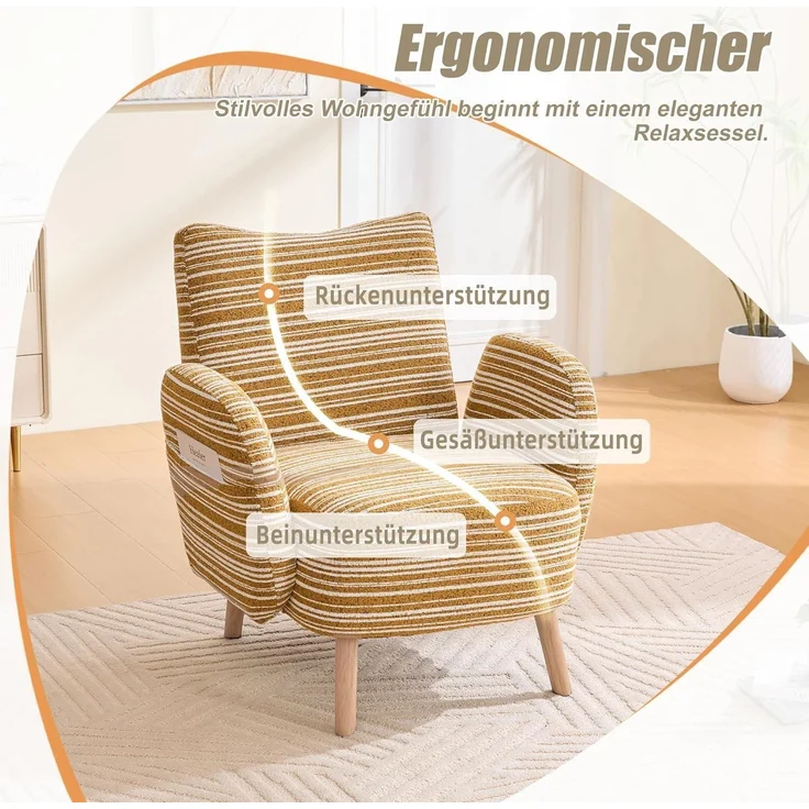 Ohrensessel Relaxsessel Lesesessel Massivholzbeine Gelb 77x81cm Gelb – Bild 4