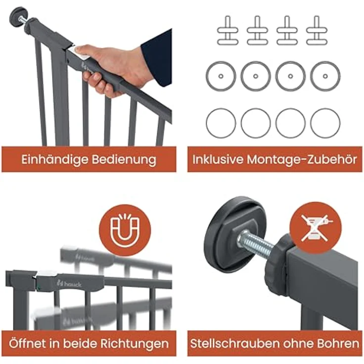 Hauck Treppenschutzgitter Türschutzgitter Clear Step Autoclose 2, für Breiten 75 - 80 cm, Ultra Flache Schwelle, Automatischer Schließmechanismus, ohne Bohren, Einhändiges Öffnen, Metall, Dunkelgrau – Bild 6