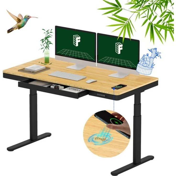 FLEXISPOT Schreibtisch Höhenverstellbarer Schreibtisch MIT Schubladen (mit kabellosem Laden, 4 Memory-Tasten, Schublade & Kabelmanagement), Doppelmotor, 3-stufige Beine, 140x70cm Bambusplatte, einfache Montage – Bild 4