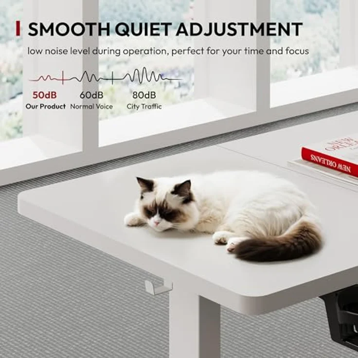 SANODESK Höhenverstellbarer Schreibtisch mit VOLLSTÄNDIGER TISCHPLATTE, 4 Zubehörteilen (Becherhalter, Haken, Aufbewahrungsbox, Kabelmanagement), ergonomisch für Büro und Homeoffice, Weiß, 110x54 cm – Bild 7