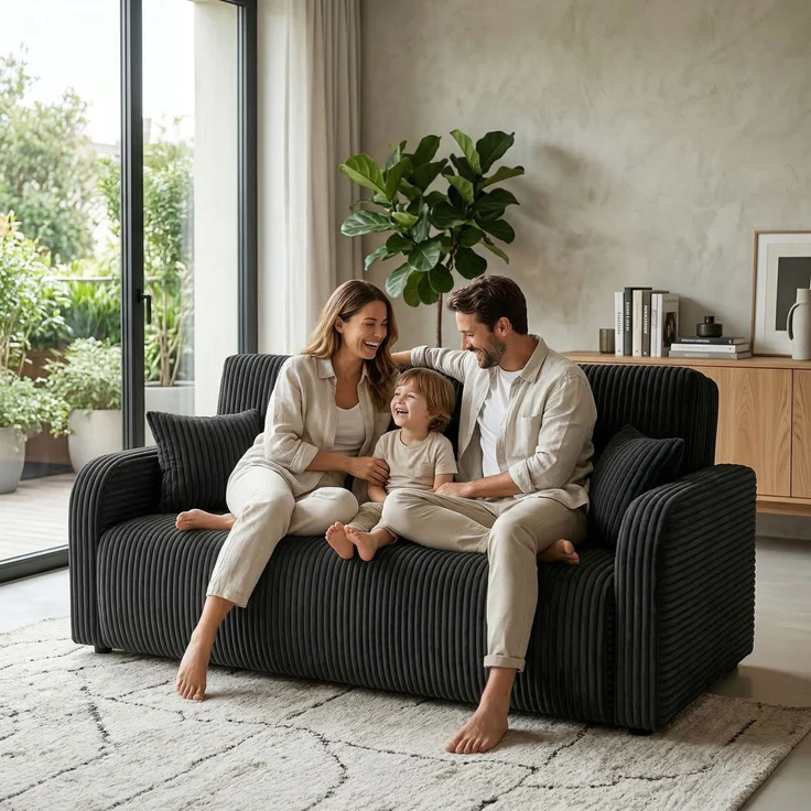 Wohnero24 Lirena 3 Schlafsofa 155x95 cm mit Bettfunktion 133x195 cm – 2-3 Sitzer Cord Sofa ausziehbar mit Bettkasten, kleines Schlafsofa für Wohnzimmer - Schwarz – Bild 1