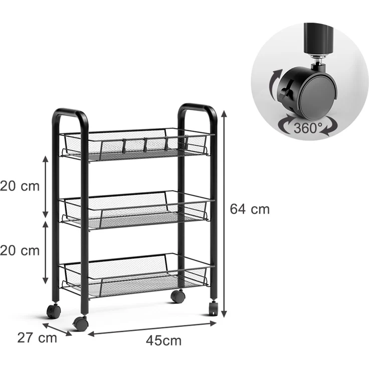 Rollcontainer Tarro Schwarz 45 x 64 cm mit 3 Ablagefächern Vicco – Bild 2