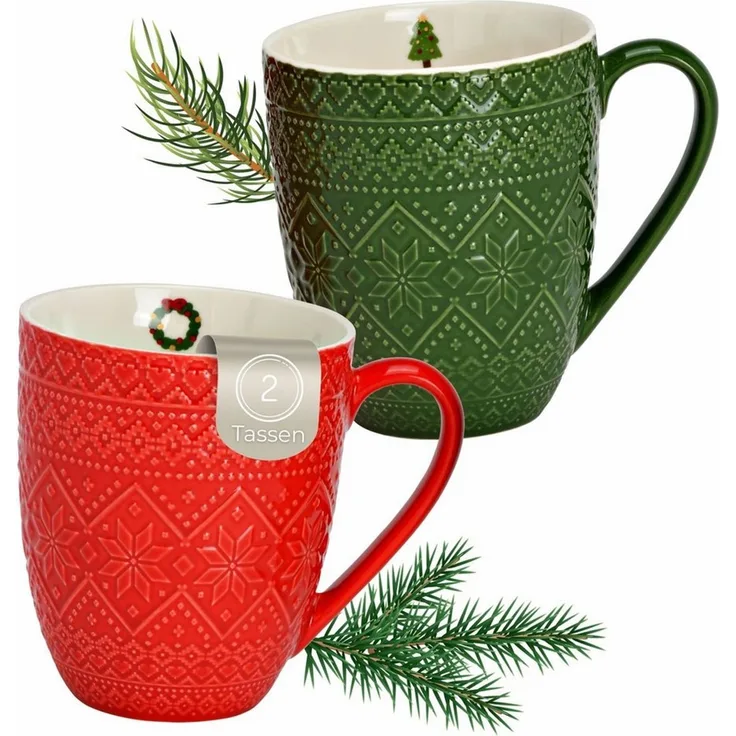 matches21 HOME & HOBBY Tasse Kaffeetassen 2er Set in Rot & Grün mit Winter Design, 2-tlg, Porzellan, Jumbo Weihnachts-Tassen aus Porzellan 410 ml