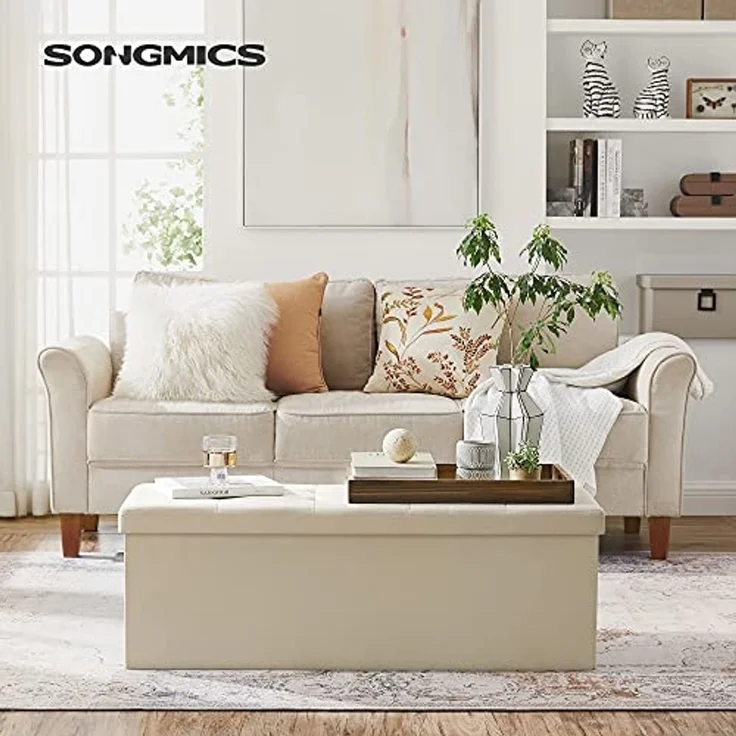 Sitzbank mit Stauraum, 110 cm, klappbare Sitztruhe, Aufbewahrungsbox, Fußbank, Beige – Bild 2