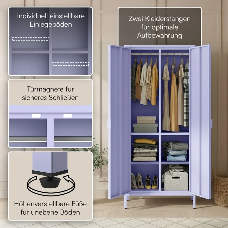 skølm 'Ituri' Kleiderschrank, Metall, 170x45x80 cm, lila, Garderobe mit 4 Fächern und 2 Kleiderstangen – Bild 3