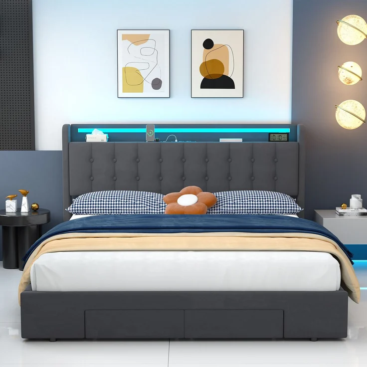 Polsterbett 180 x 200 cm, Samt, mit Bettkasten, Schubladen, USB-Anschluss und LED-Beleuchtung, Dunkelgrau – Bild 4