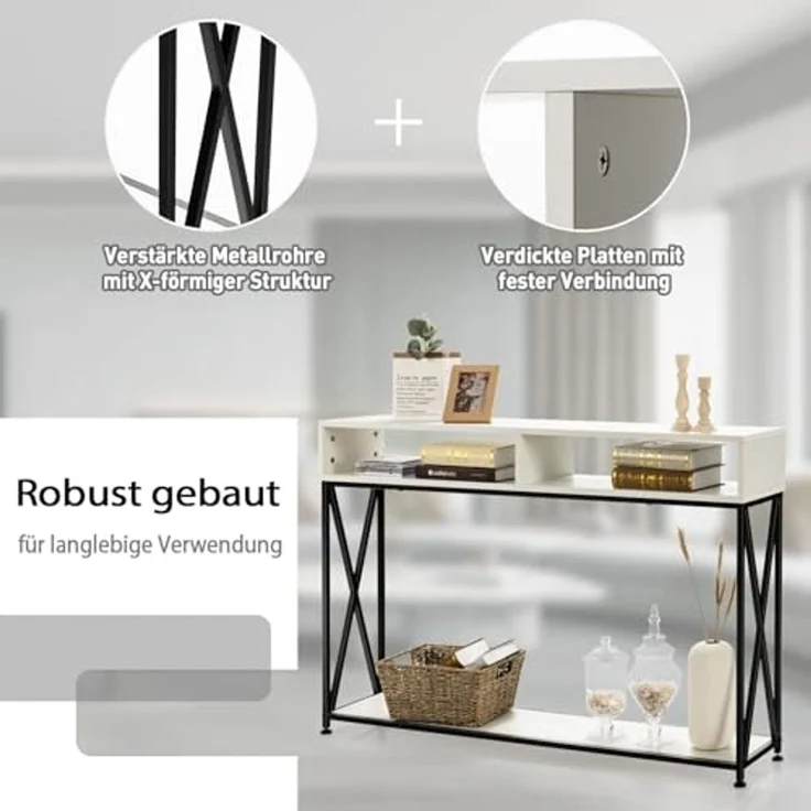 FANTASK 2 Ebenen Konsolentisch mit offnen Fächern, Flurtisch aus Holz, Standregal, Beistelltisch für Eingang, Wohnzimmer und Schlafzimmer, 120 x 23 x 79 cm (Weiß) – Bild 6