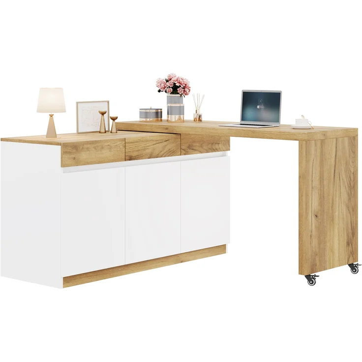 ZUBALIYA Schreibtisch mit feststellbaren Rollen – multifunktionales Design, 4 cm dickere, drehbare Tischplatte, fest arretierbar, weiß/Eiche, Faltbarer Schreibtisch, Eckschreibtisch, Sideboard,Dicke Materialie,Weiß Eiche – Bild 8