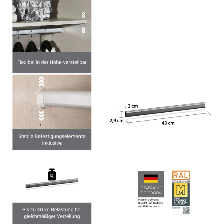 rauch Zubehör, Kleiderstange, für Kleiderschränke von rauch mit einer Elementbreite von 45 cm – Bild 3