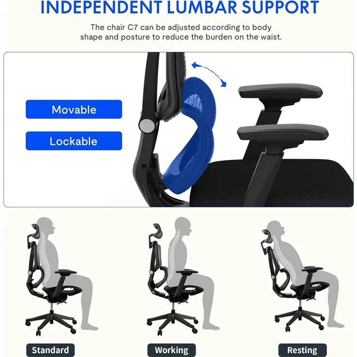 FLEXISPOT Bürostuhl Schreibtischstuhl Premium Ergonomischer C7 (Rückenlehne verstellbar 90°-128°, 2D-Kopfstütze, 3D-Armlehnen), Chef-Mesh-Bürostuhl, Computer-Bürostuhl, 130KG Tragkraft – Bild 4