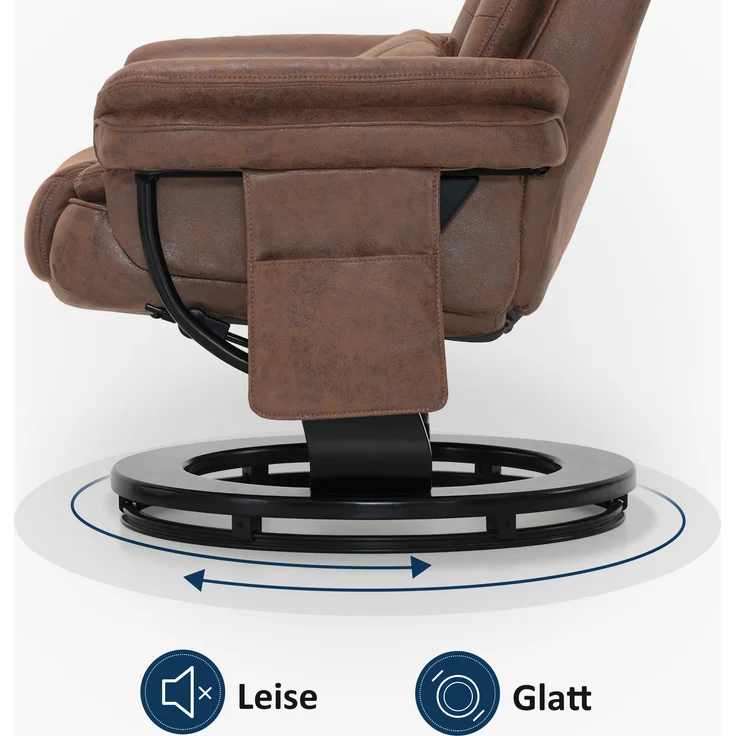 M MCombo Relaxsessel mit Liegefunktion, Lesesessel, 360° Drehbarer Fernsehsessel, mit Hocker, mit Kissen & Seitentasche, 9099 (Braun-Mikrofaser) – Bild 5