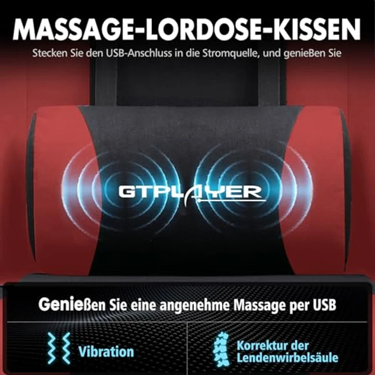 GTPLAYER Gaming Stuhl, Bürostuhl, Ergonomischer Pc Stuhl, Gaming Sessel mit Massagelendenwirbelstütze, Task Stühle mit Fußstütze und Kopfstütze, Rot Stoff – Bild 4