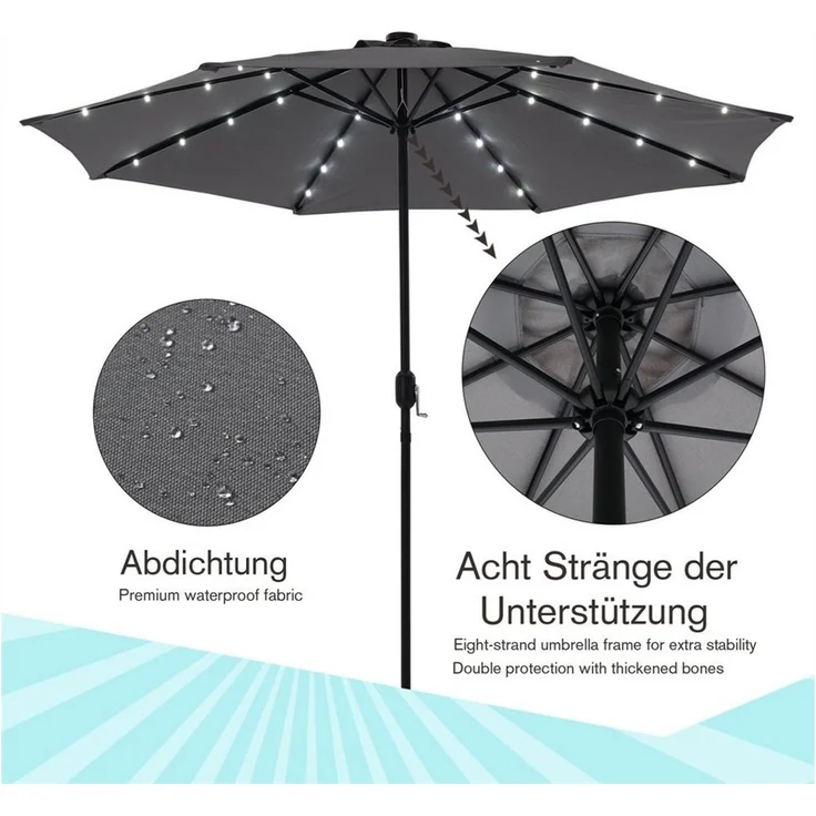 Feel2Home Sonnenschirm Sonnenschirm Marktschirm Ø3m LED Beleuchtung Strandschirm grau/beige, LxB: 300,00x300,00 cm, Stück, Premium-Sonnenschirm, LED-Beleuchtung – Bild 3