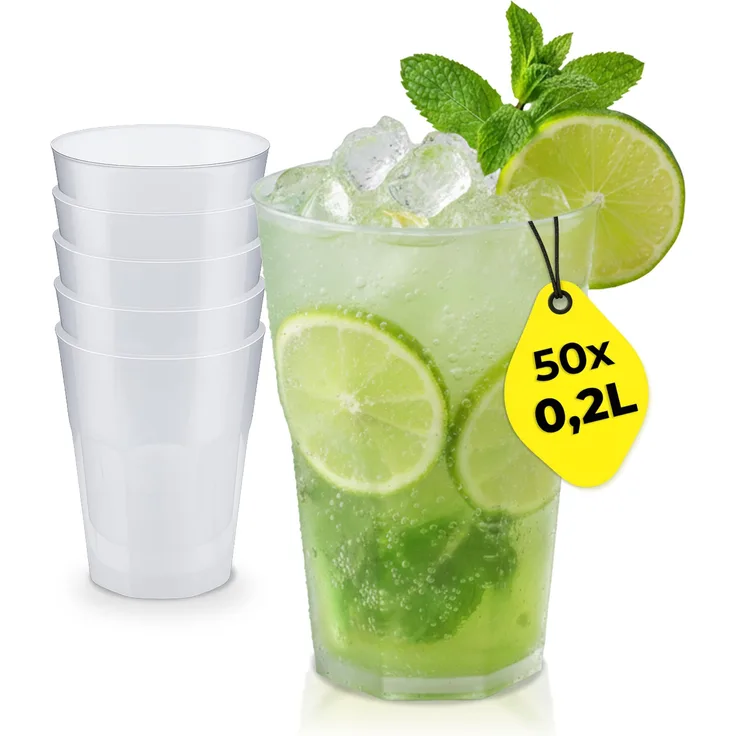 Silverkitchen 50x Cocktail Plastikbecher 0,2 L – Stapelbare Mehrweg Partybecher - Spülmaschinenfeste Hartplastik Becher für Events, Partys & Gastro