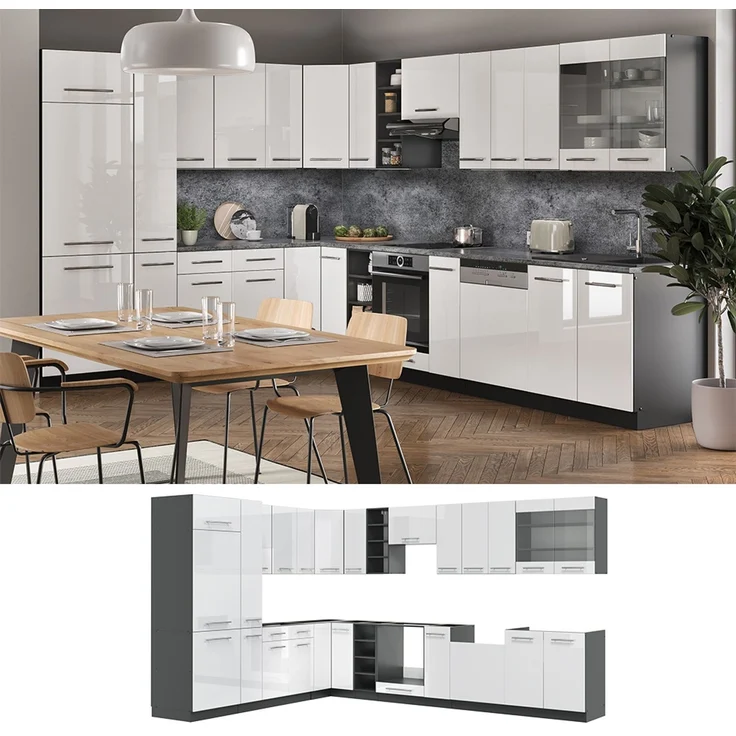 Eckküche Fame-Line Weiß Hochglanz/Anthrazit 347 x 257 cm, AP Anthrazit Vicco – Bild 2