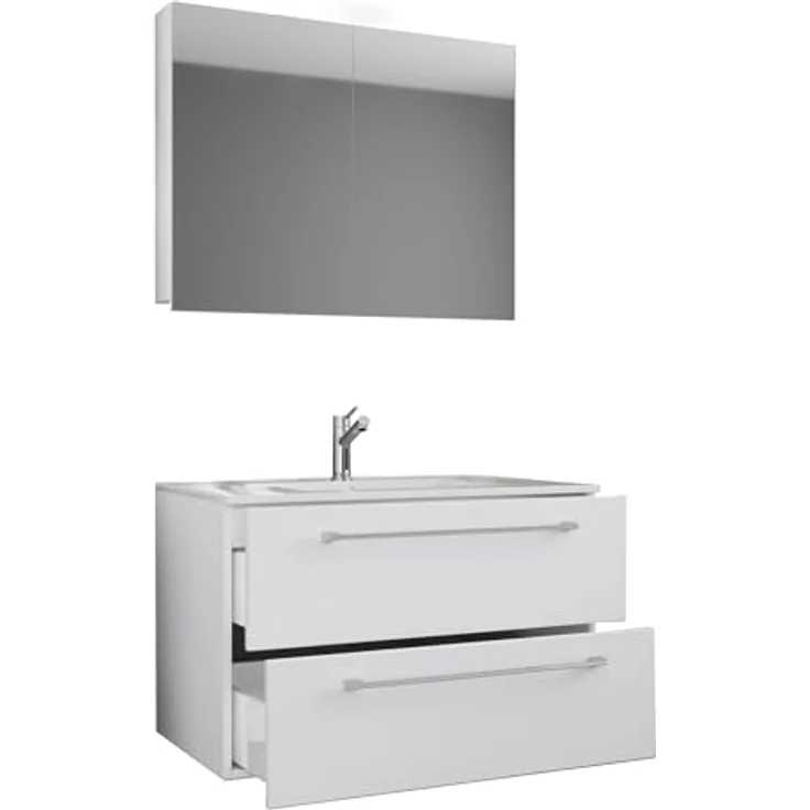 VCM Badmöbelset Badinos 3-tlg. mit Waschplatz, 2 Schubladen Unterschrank, Keramikwaschbecken und Spiegelschrank aus ESG-Sicherheitsglas – Bild 3