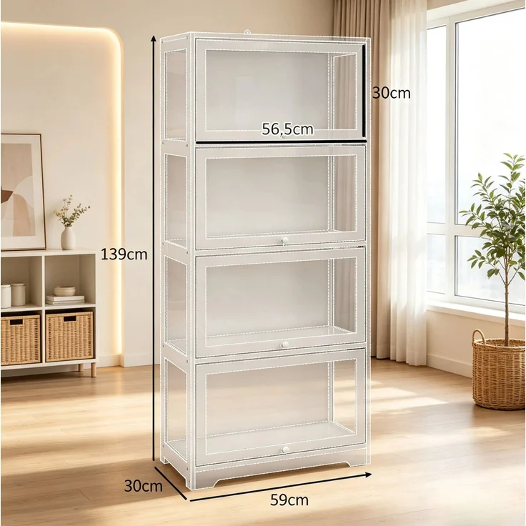 Vitrinenschrank aus MDF mit Acrylseiten und Schiebetüren, 59x30x139 cm, Weiß – Bild 4