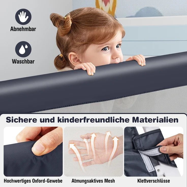Bettgitter Sicherheitsgitter für Kleinkinder mit weichem Schaumstoff mit Gurt 105 x 40 x 42 cm Dunkelgrau – Bild 4