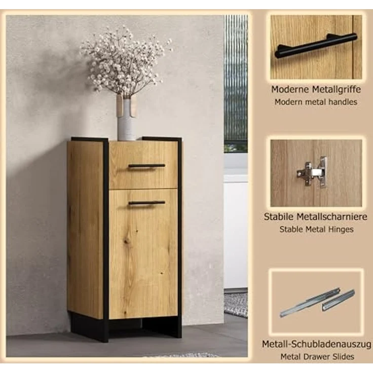 trendteam smart living - Safiya - Kommode - Eiche/Schwarz - Standschrank mit 1 Tür (Türanschlag Links/rechts) 1 Einlegeboden und 1 Schublade - (BxHxT) 37 x 79 x 31 cm - Schubkasten-Vollauszug – Bild 6