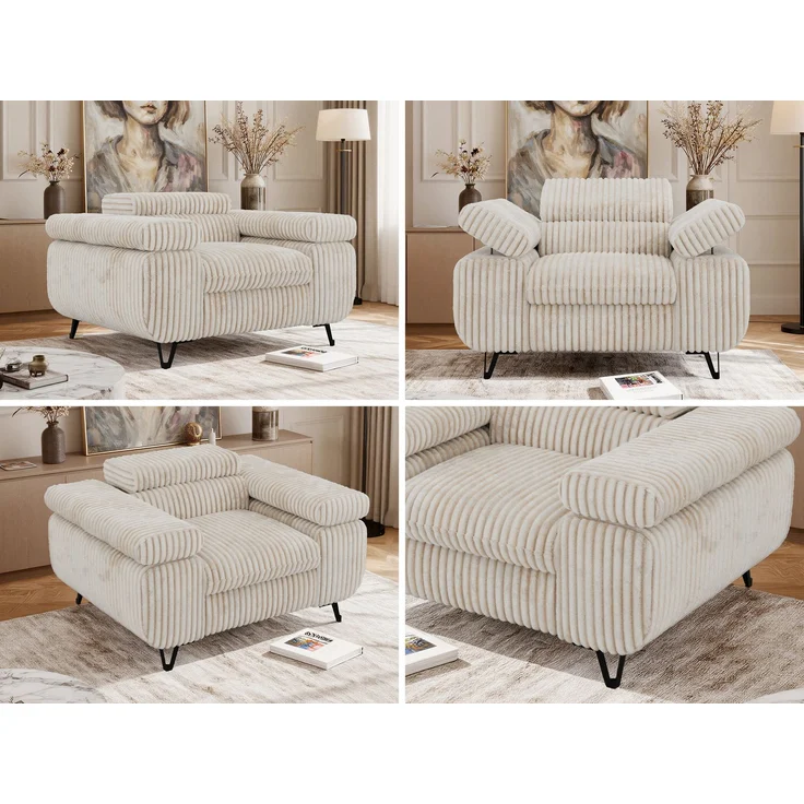 Einzelsessel, Polstersessel PETER mit verstellbaren Armlehnen und Kopfstütze, 1-Sitzer Sofa, Ohrensessel, Wellenfeder - Beige Cord – Bild 2