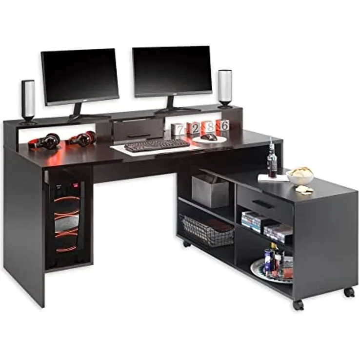 Highscore 3 Gaming Tisch in Schwarz - Gaming Schreibtisch mit Rollcontainer und LED-Beleuchtung - 160 x 92 x 70 cm (B/H/T)