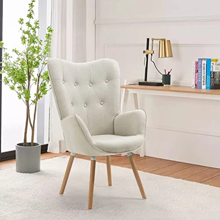 MEUBLE COSY Sessel Wohnzimmer Relaxsessel Lesesessel Lehnstühle Polstersessel Einzelsofa mit Holzbein Ohrensessel für Schlafzimmer Büro Vanity, Stoff, Beige – Bild 5