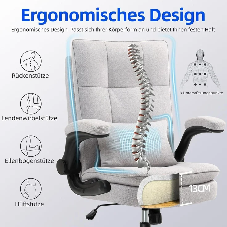 Bürostuhl Ergonomisch Hochklappbare Armlehne & Hohe Rückenlehne 150 kg Grau – Bild 4