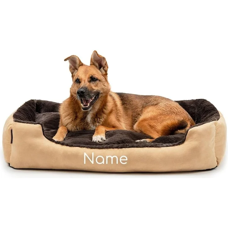 lionto Hundebett mit Wendekissen und Rutschfester Unterseite, Heimtierkissen mit tiefem Einstieg für Hunde und Katzen jeden Alters, 90x70 cm, kuscheliges Hundekissen, beige/braun (Namensaufdruck)
