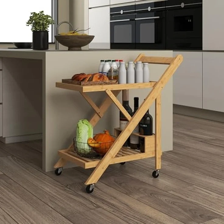 HOMCOM Servierwagen Küchenwagen mit Weinregal, Arbeitsplatte, 2 Ebenen, (Rollwagen, 1 St, Küchenwagen), für Büro, Küche, Wohnzimmer, 66 x 40 x 70 cm, Bambus, Natur – Bild 6